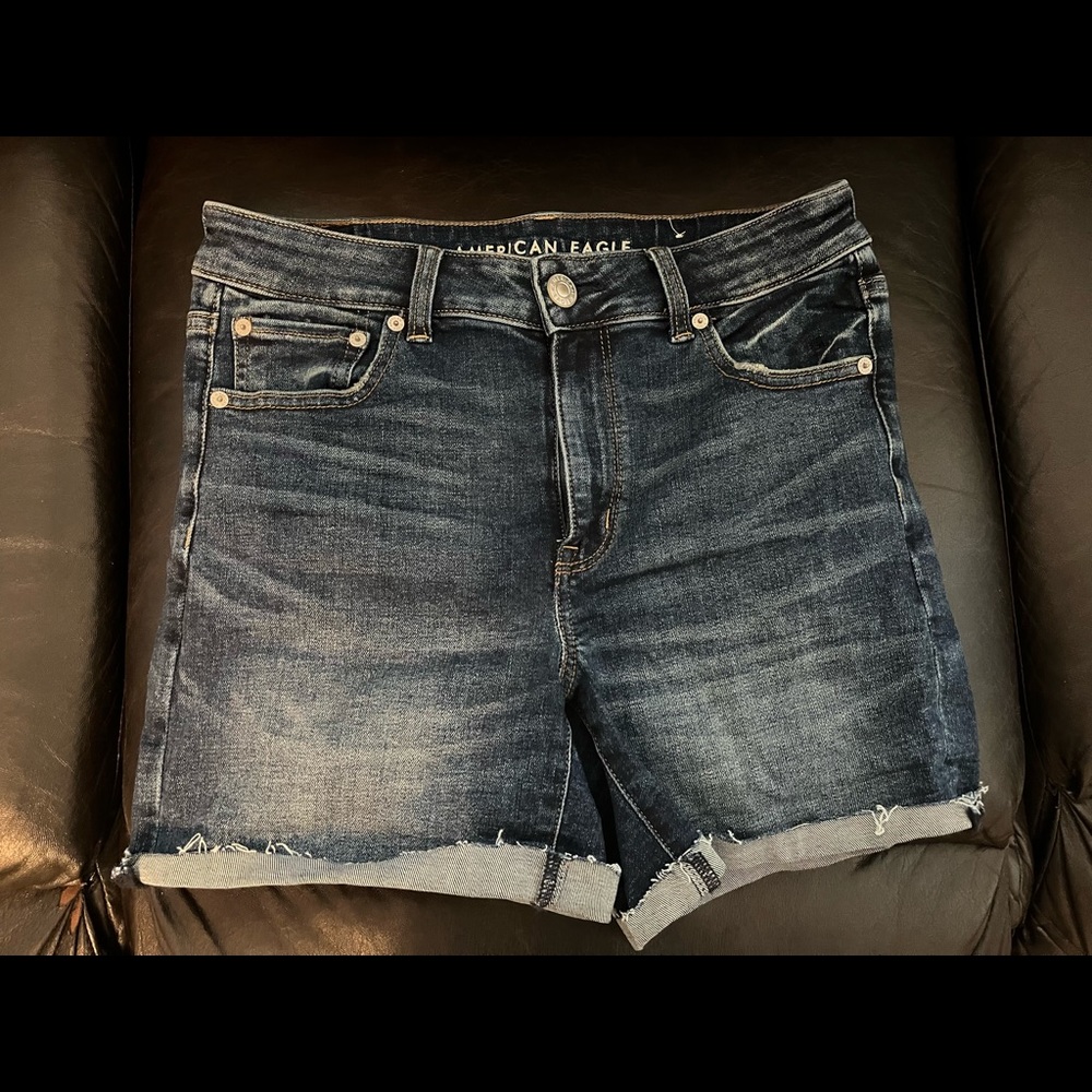 Dark wash American Eagle jean shorts.